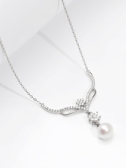 Silver Floral Studded Pearl Necklace