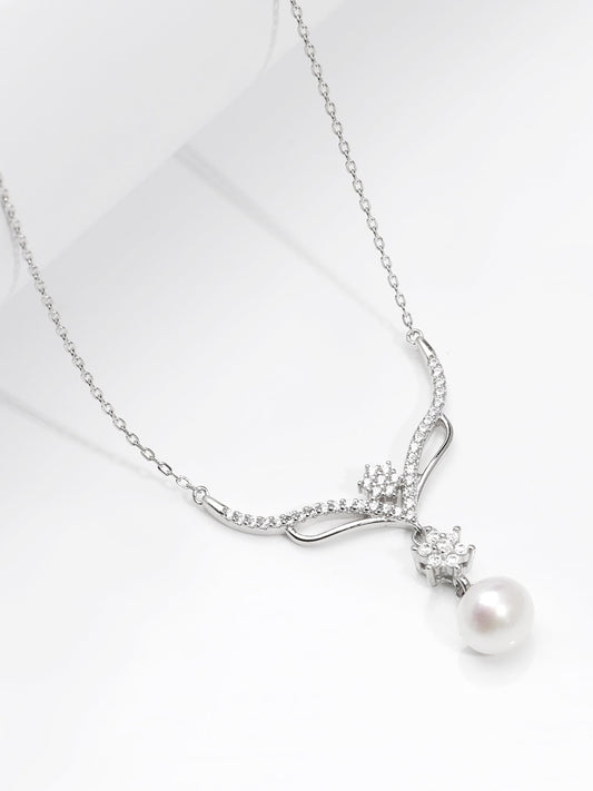 Silver Floral Studded Pearl Necklace