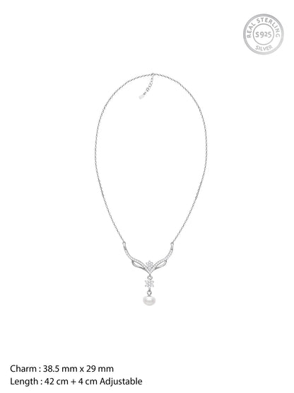 Silver Floral Studded Pearl Necklace