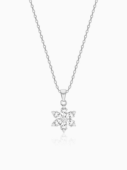 Silver Flowery Snowflake Pendant With Link Chain