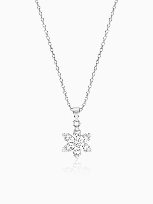 Silver Flowery Snowflake Pendant With Link Chain
