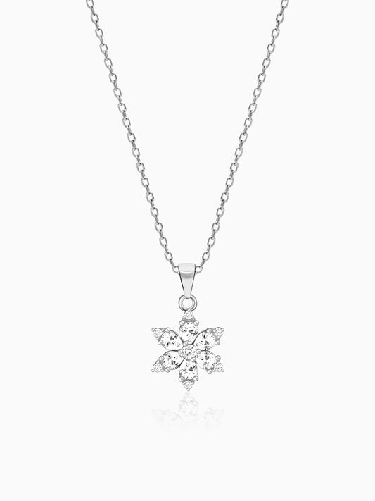 Silver Flowery Snowflake Pendant With Link Chain