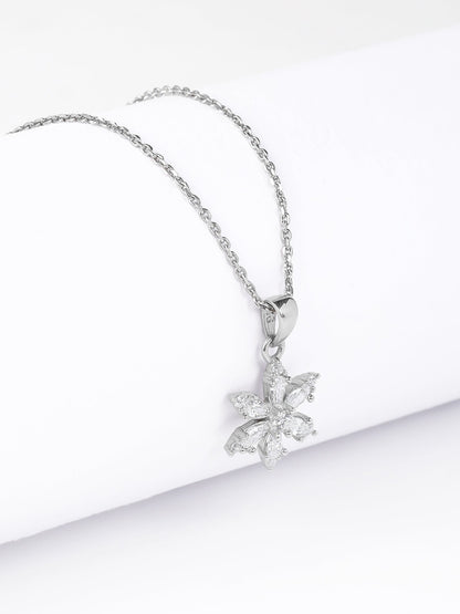 Silver Flowery Snowflake Pendant With Link Chain