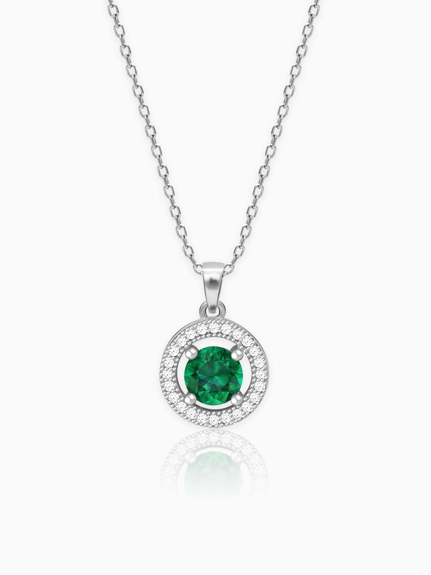 Silver Forest Green Shining Halo Pendant With Link Chain