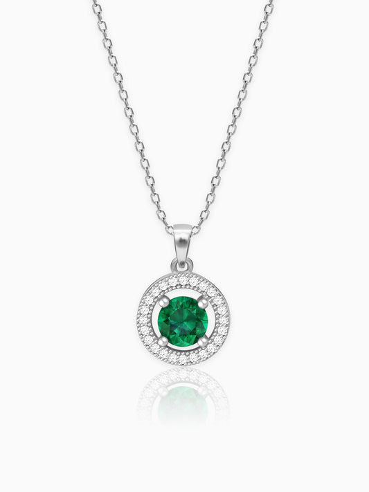 Silver Forest Green Shining Halo Pendant With Link Chain