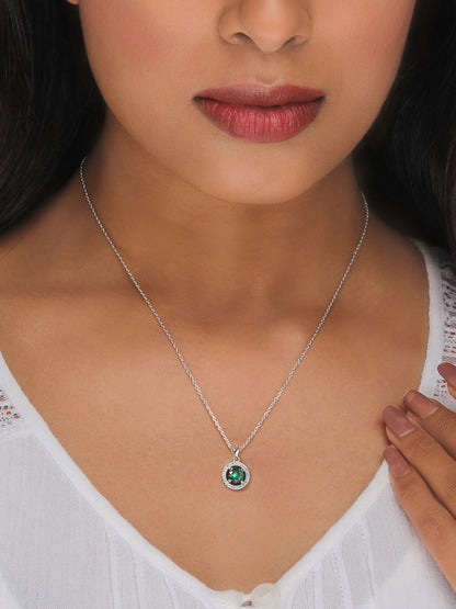 Silver Forest Green Shining Halo Pendant With Link Chain