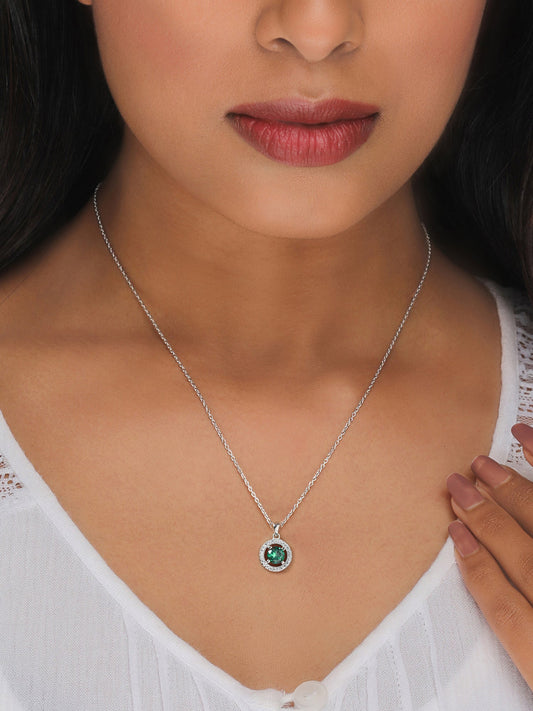 Silver Forest Green Shining Halo Pendant With Link Chain