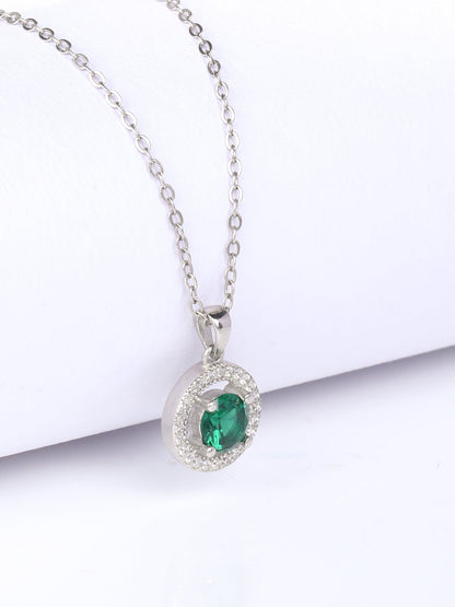 Silver Forest Green Shining Halo Pendant With Link Chain