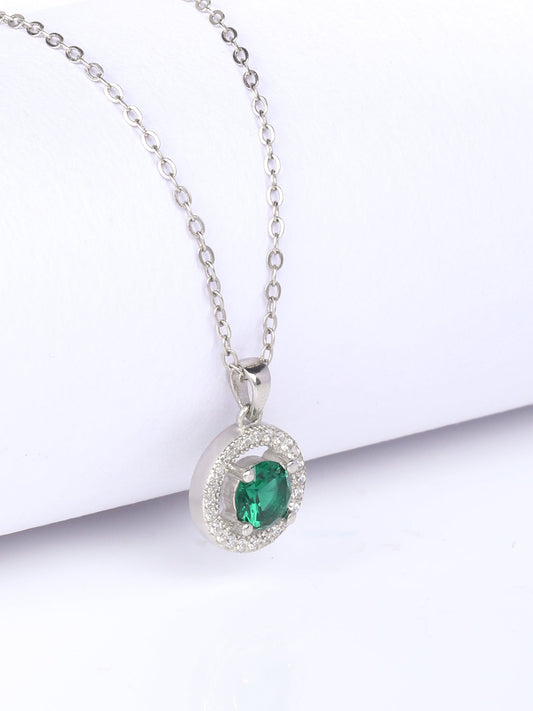 Silver Forest Green Shining Halo Pendant With Link Chain