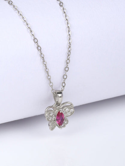 Silver Pop Pink Studded Butterfly Pendant With Link Chain