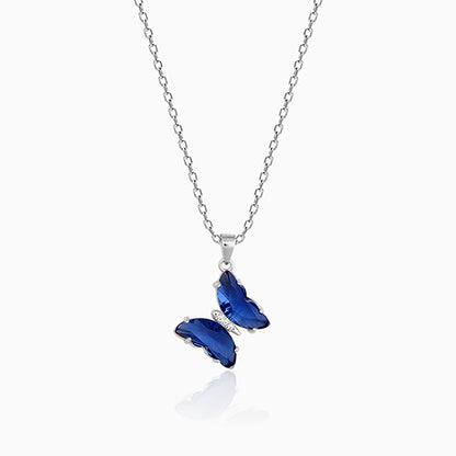 Silver Midnight Blue Butterfly Pendant With Link Chain