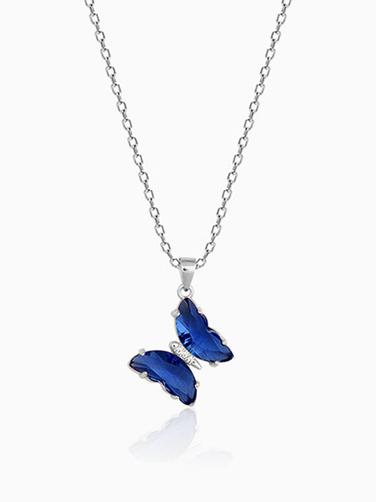 Silver Midnight Blue Butterfly Pendant With Link Chain
