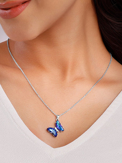 Silver Midnight Blue Butterfly Pendant With Link Chain