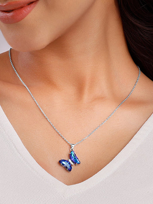 Silver Midnight Blue Butterfly Pendant With Link Chain