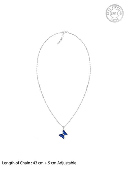Silver Midnight Blue Butterfly Pendant With Link Chain
