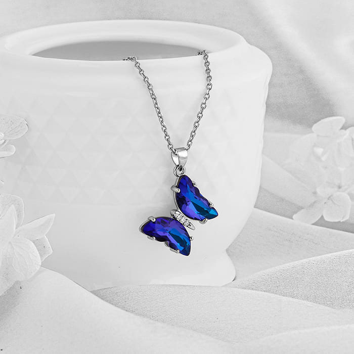 Silver Midnight Blue Butterfly Pendant With Link Chain