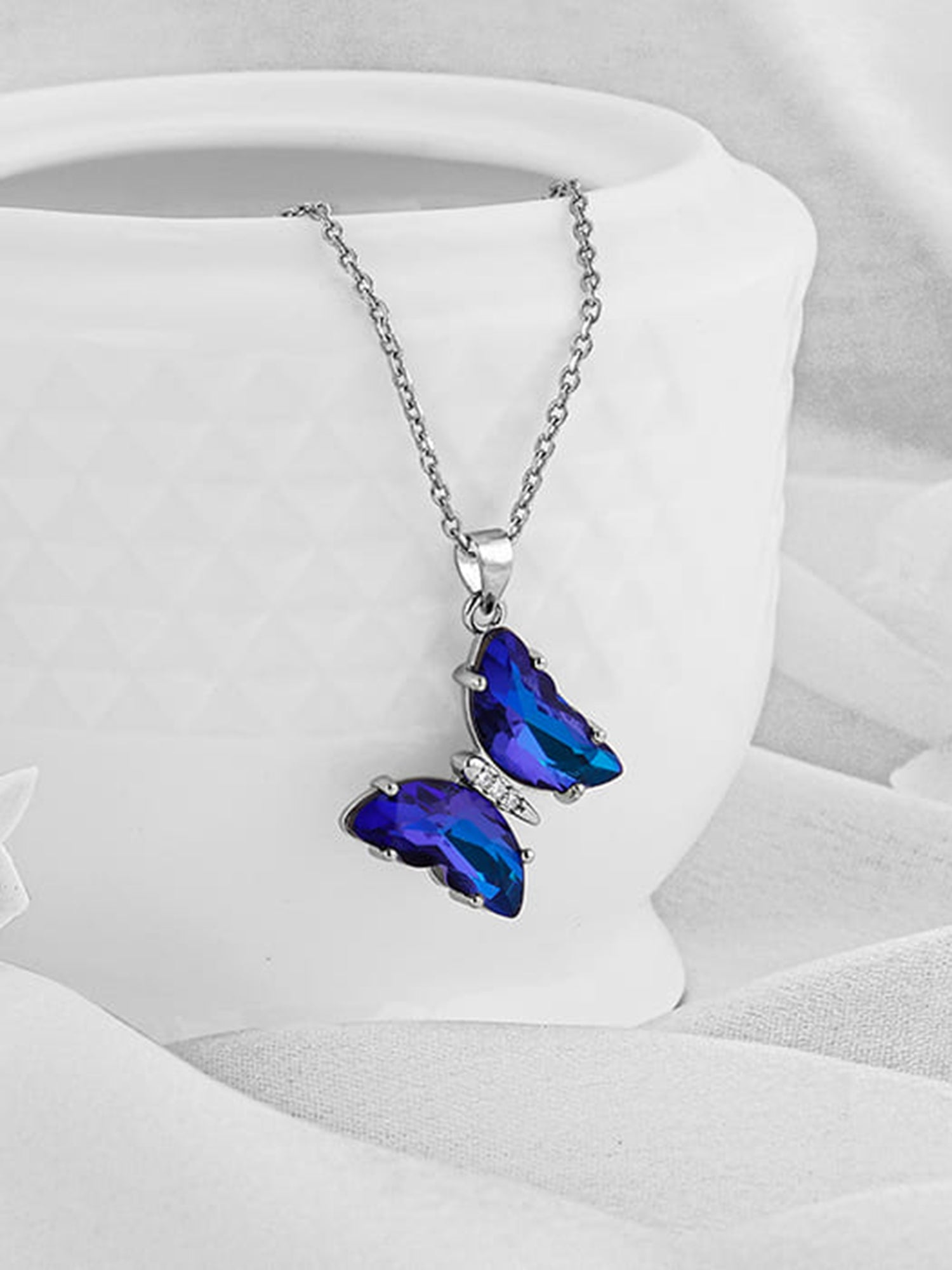 Silver Midnight Blue Butterfly Pendant With Link Chain