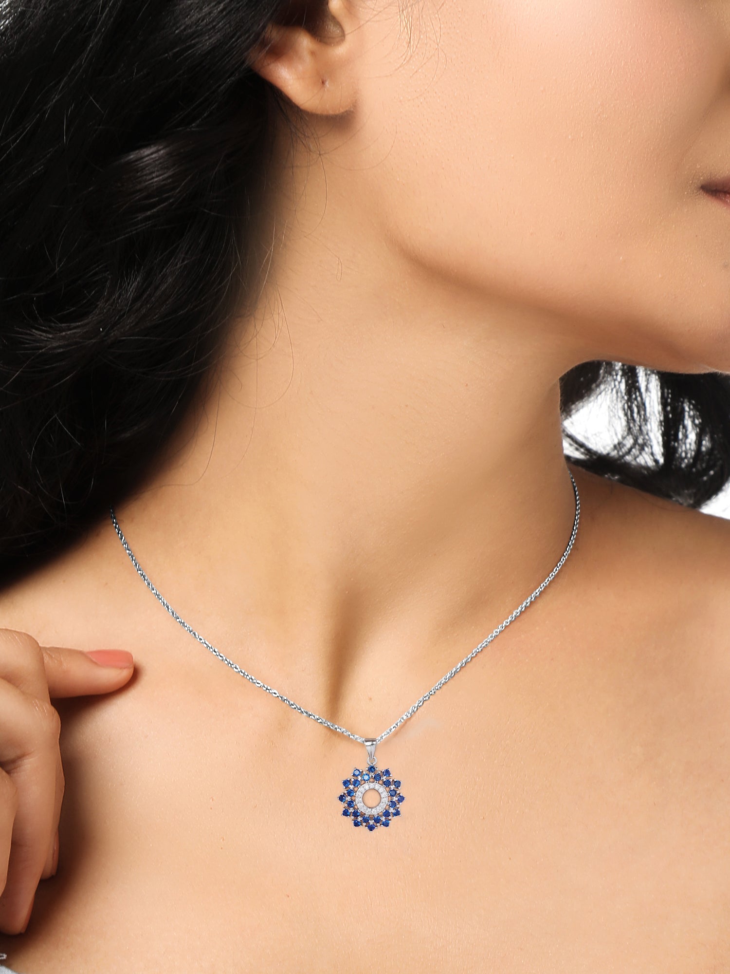 Radiant Blue Flower Pendant With Link Chain