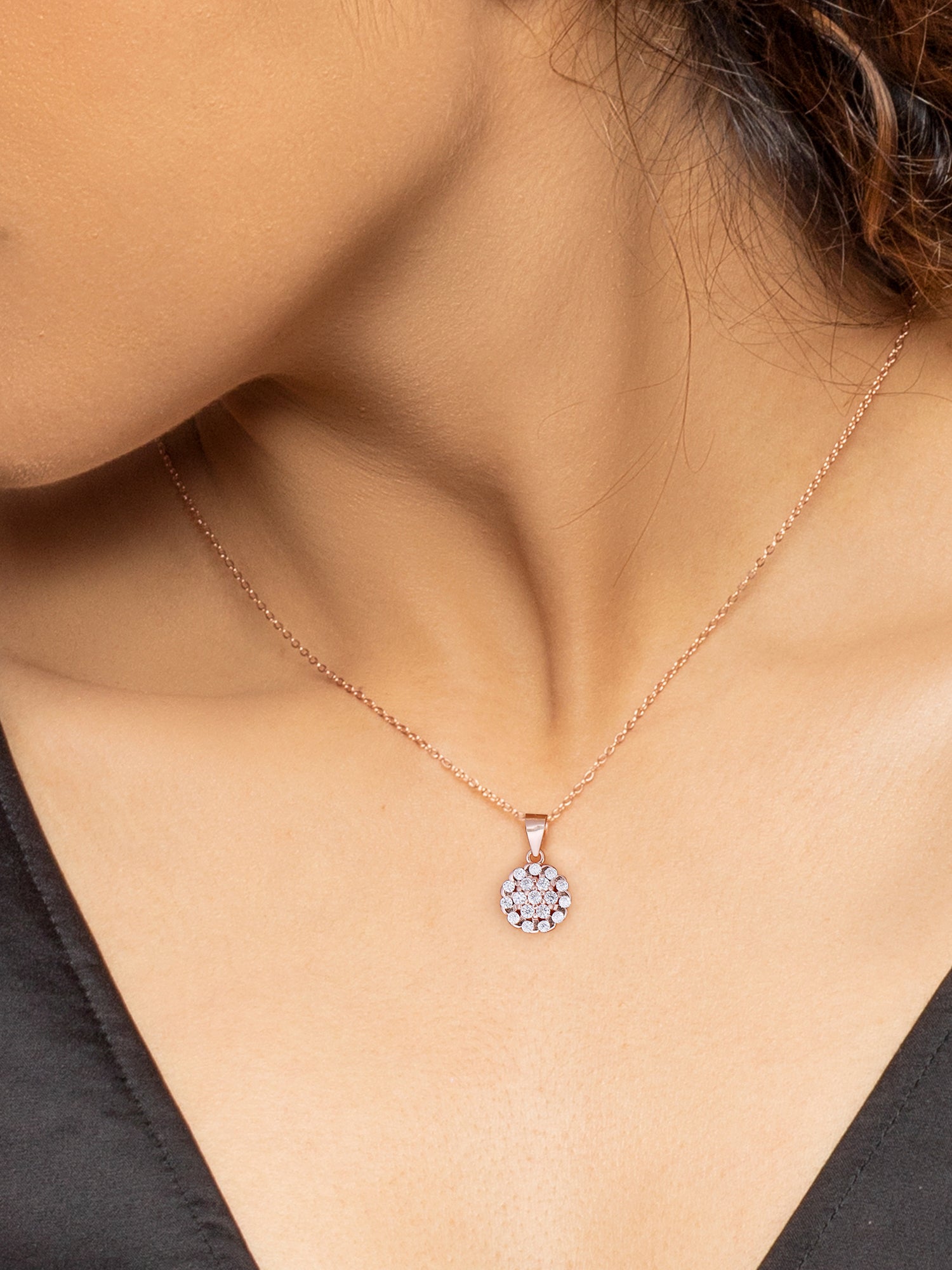 Rose Gold Zircon Flower Pendant With Link Chain
