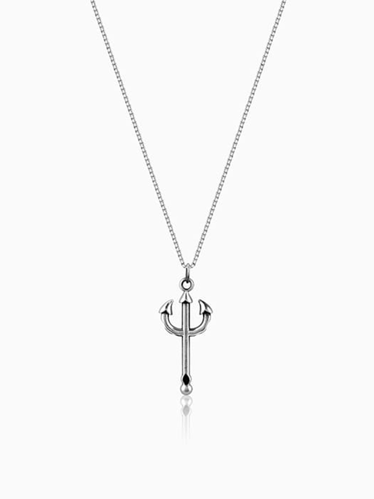 Oxidised Silver Trident Pendant with Box Chain For Him