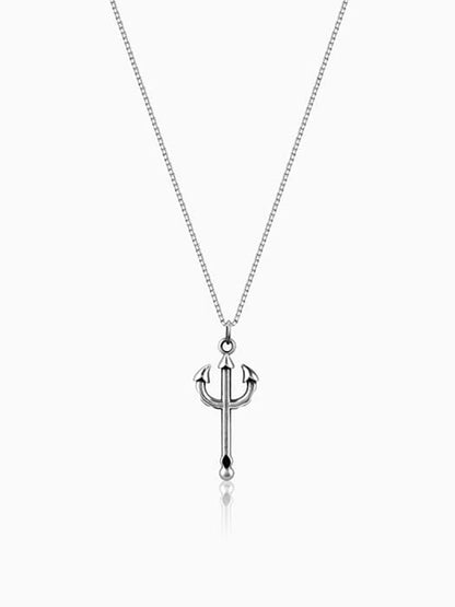 Oxidised Silver Trident Pendant with Box Chain For Him