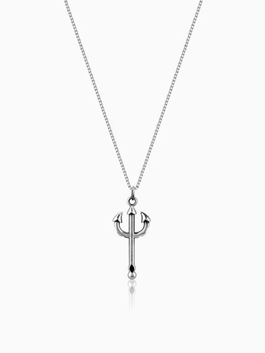 Oxidised Silver Trident Pendant with Box Chain For Him