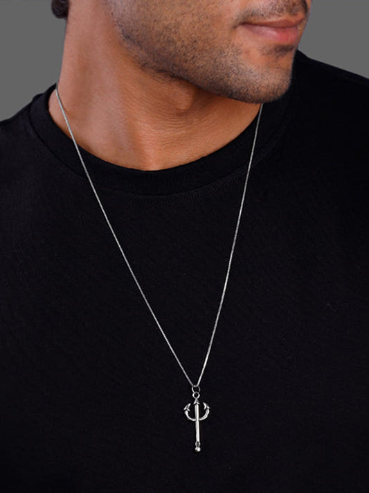Oxidised Silver Trident Pendant with Box Chain For Him