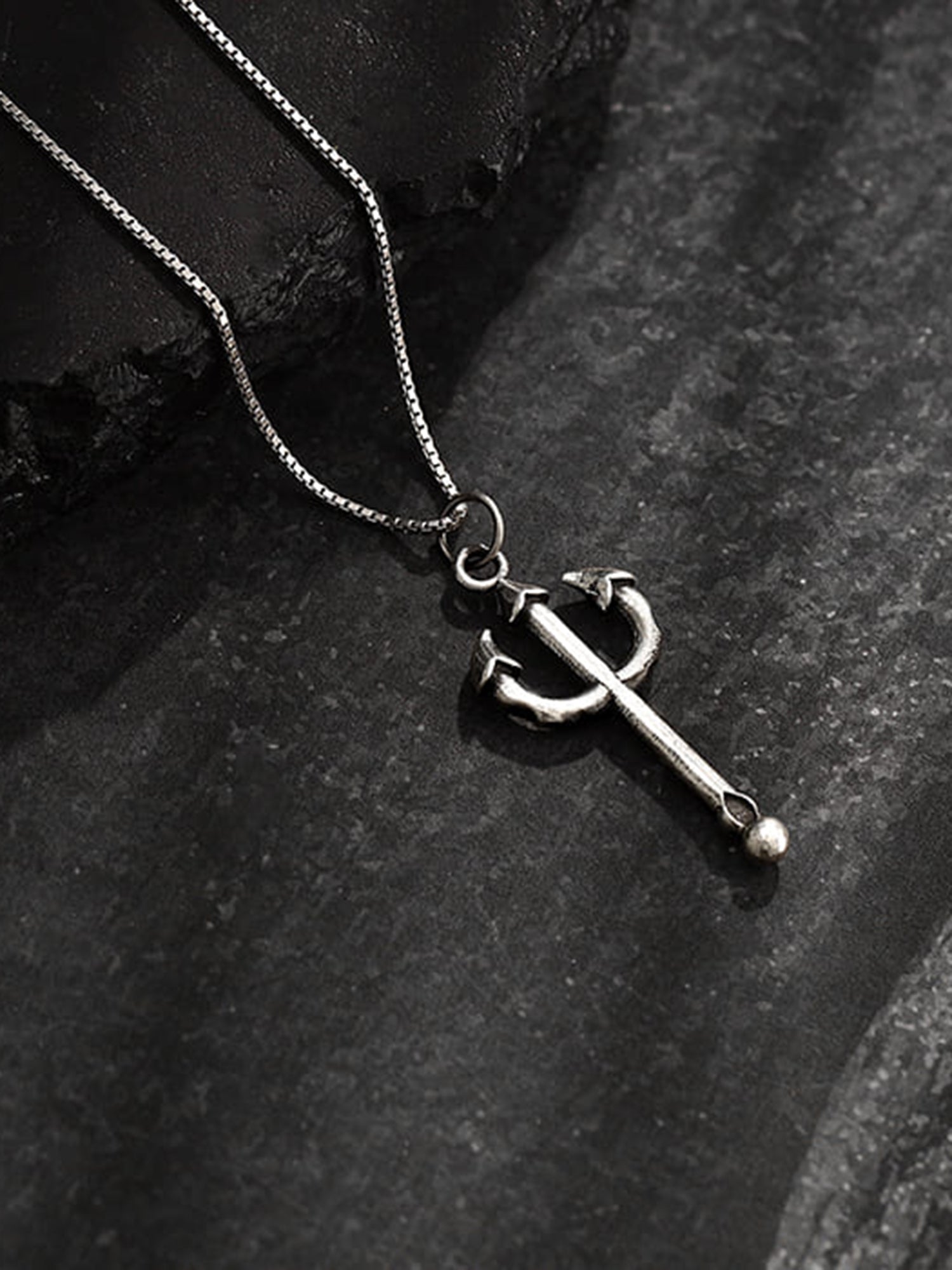 Oxidised Silver Trident Pendant with Box Chain For Him