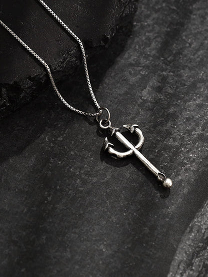 Oxidised Silver Trident Pendant with Box Chain For Him