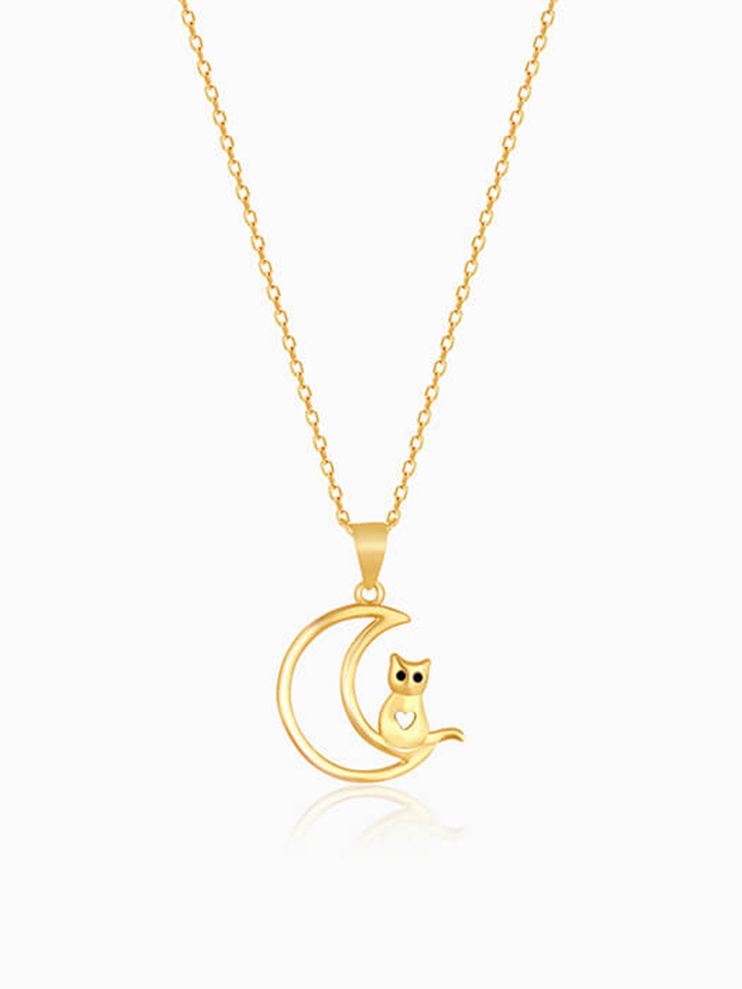 Golden Cat In Crescent Moon Pendant with Link Chain