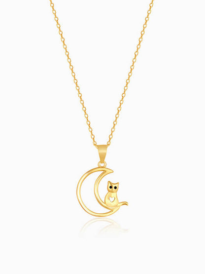 Golden Cat In Crescent Moon Pendant with Link Chain