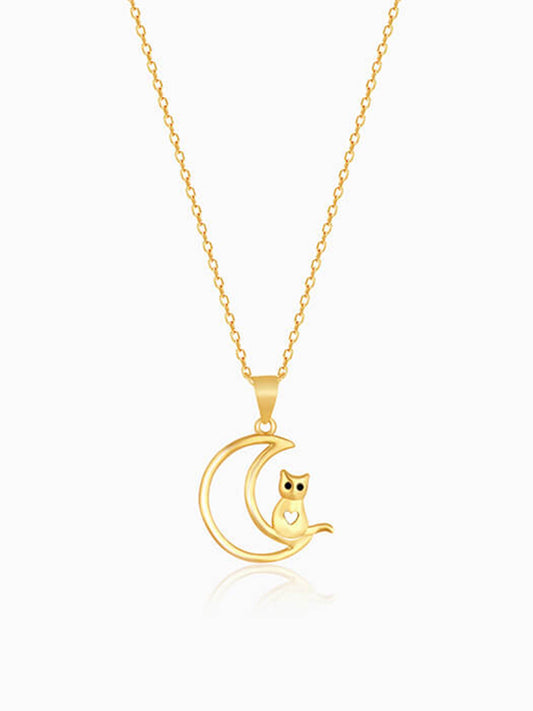 Golden Cat In Crescent Moon Pendant with Link Chain