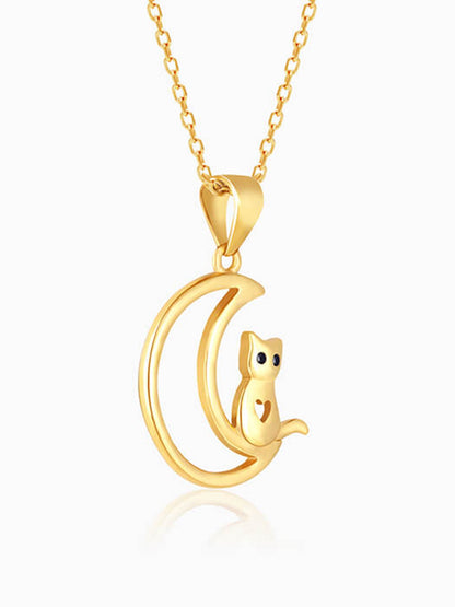 Golden Cat In Crescent Moon Pendant with Link Chain