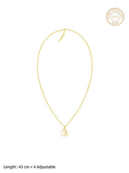 Golden Cat In Crescent Moon Pendant with Link Chain