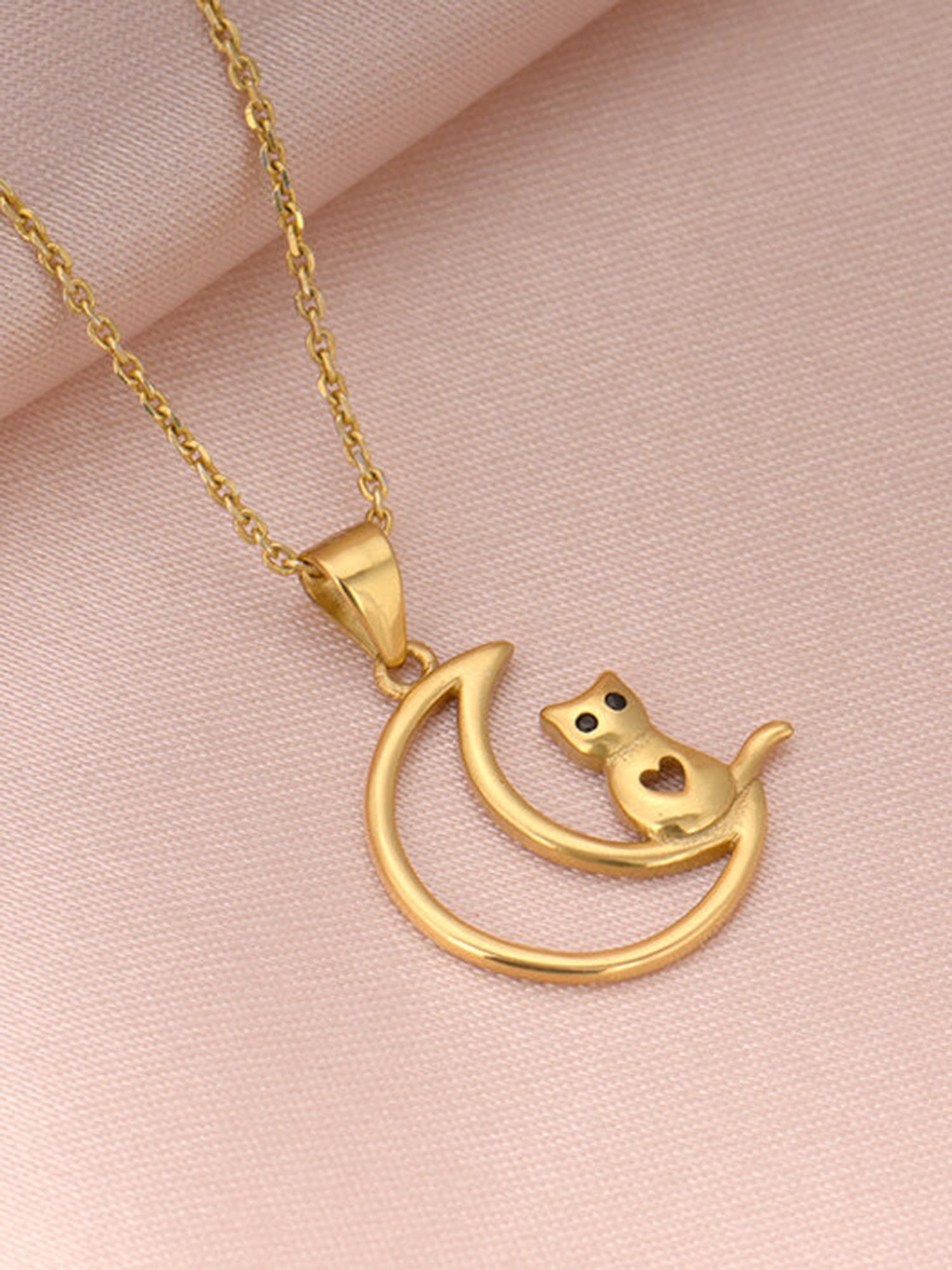 Golden Cat In Crescent Moon Pendant with Link Chain
