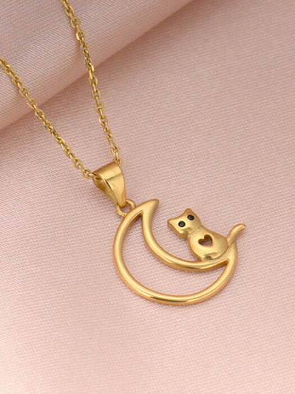 Golden Cat In Crescent Moon Pendant with Link Chain