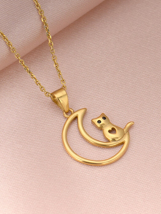 Golden Cat In Crescent Moon Pendant with Link Chain