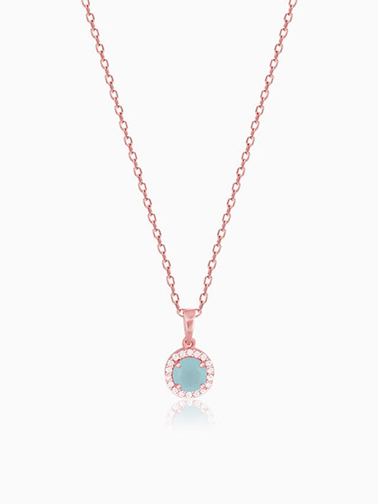 Rose Gold Blue Halo Pendant With Link Chain