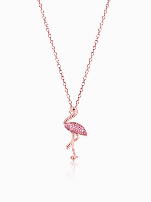 Rose Gold Zircon Flamingo Pendant with Link Chain
