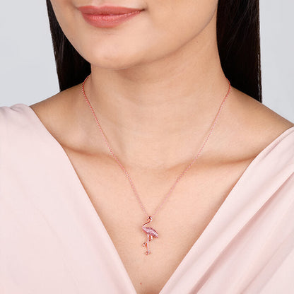 Rose Gold Zircon Flamingo Pendant with Link Chain