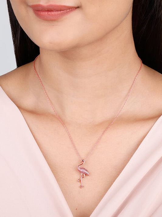 Rose Gold Zircon Flamingo Pendant with Link Chain