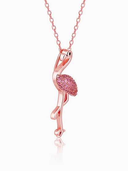 Rose Gold Zircon Flamingo Pendant with Link Chain