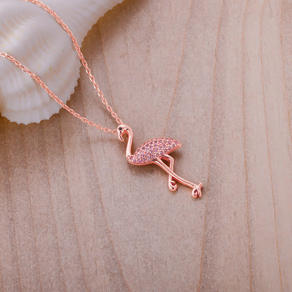 Rose Gold Zircon Flamingo Pendant with Link Chain