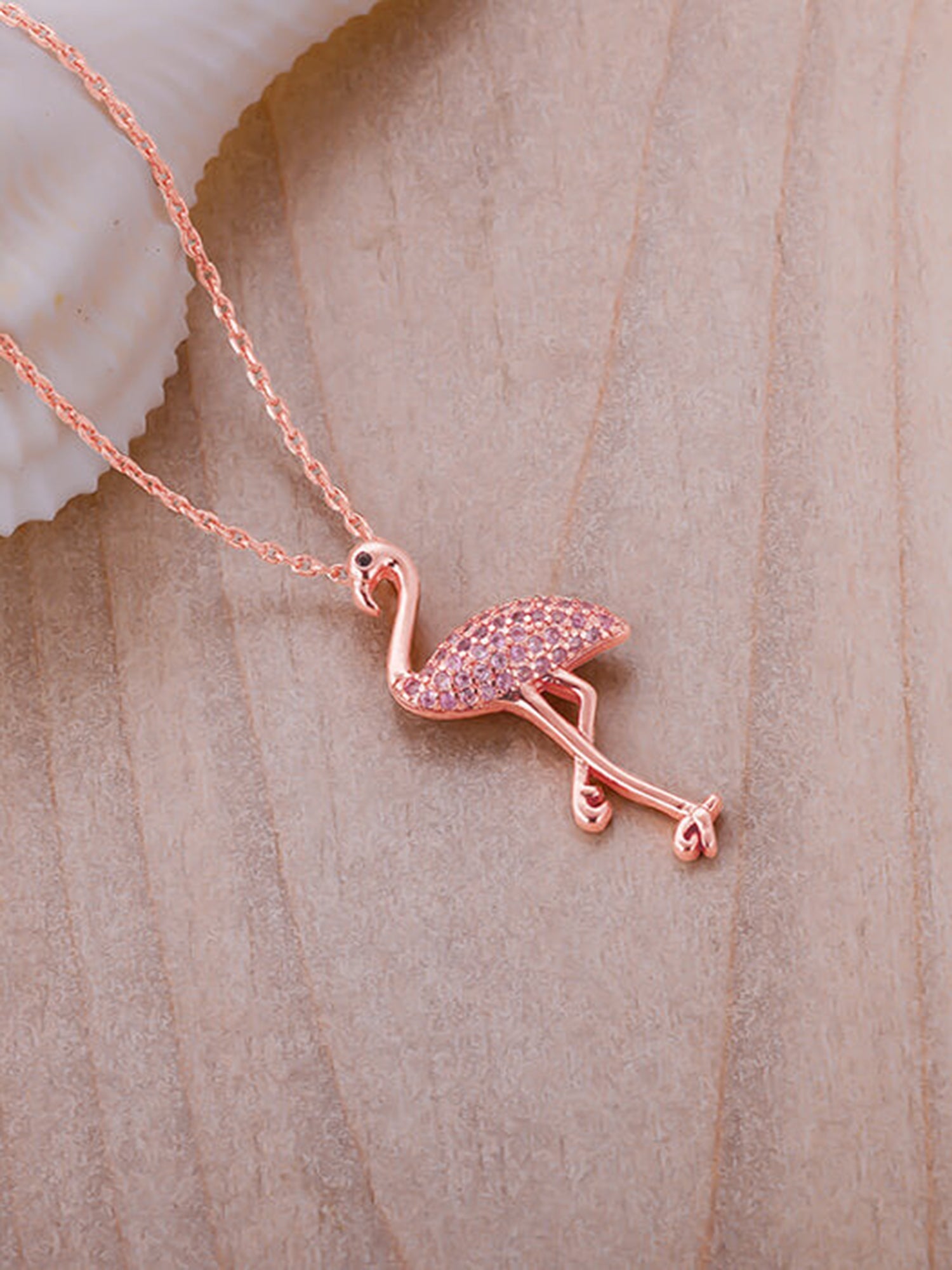 Rose Gold Zircon Flamingo Pendant with Link Chain