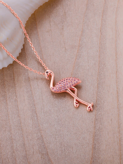 Rose Gold Zircon Flamingo Pendant with Link Chain