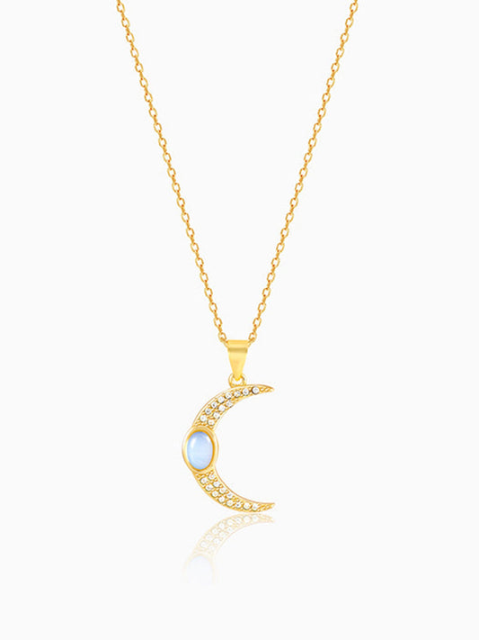 Golden Zircon Moon Pendant With Link Chain
