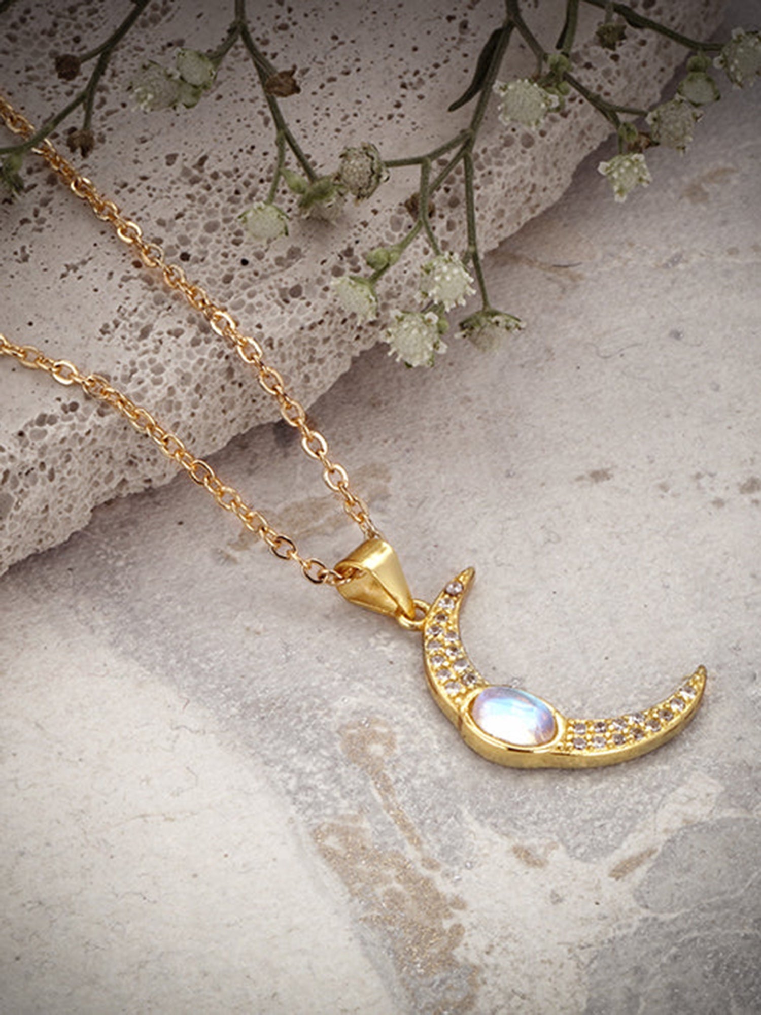 Golden Zircon Moon Pendant With Link Chain