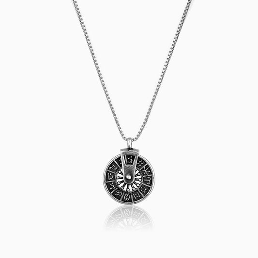 Oxidised Silver Zodiac Spin Pendant With Box Chain For Him