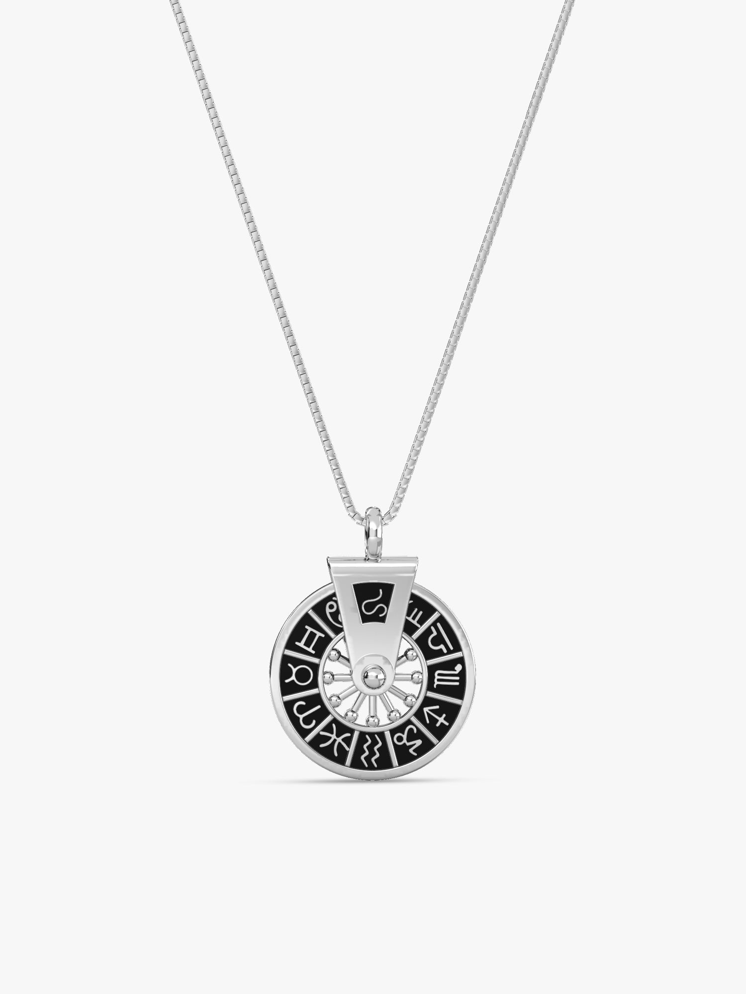 Oxidised Silver Zodiac Spin Pendant With Box Chain For Him