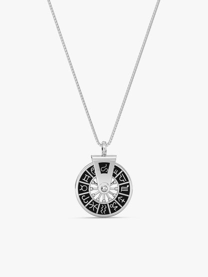 Oxidised Silver Zodiac Spin Pendant With Box Chain For Him